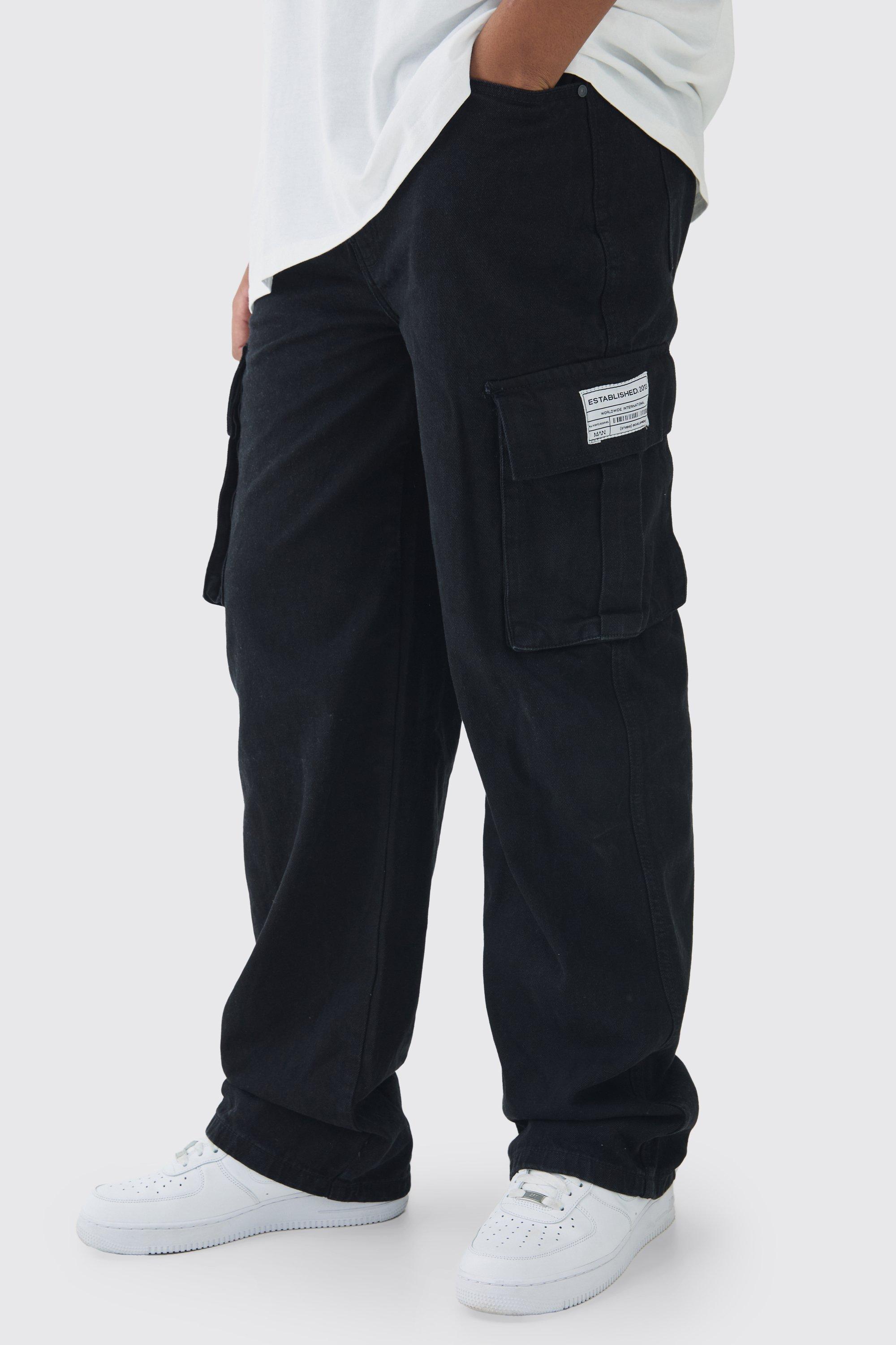 Mens Black Tall Relaxed Fit Woven Tab Cargo Jeans, Black